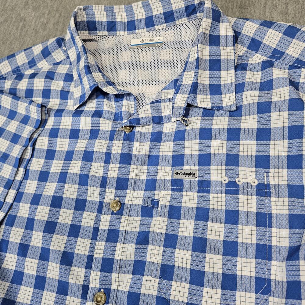 Columbia Shirt Men L Blue Check Loop Collar Short Sleeve PFG Fishing Vented
